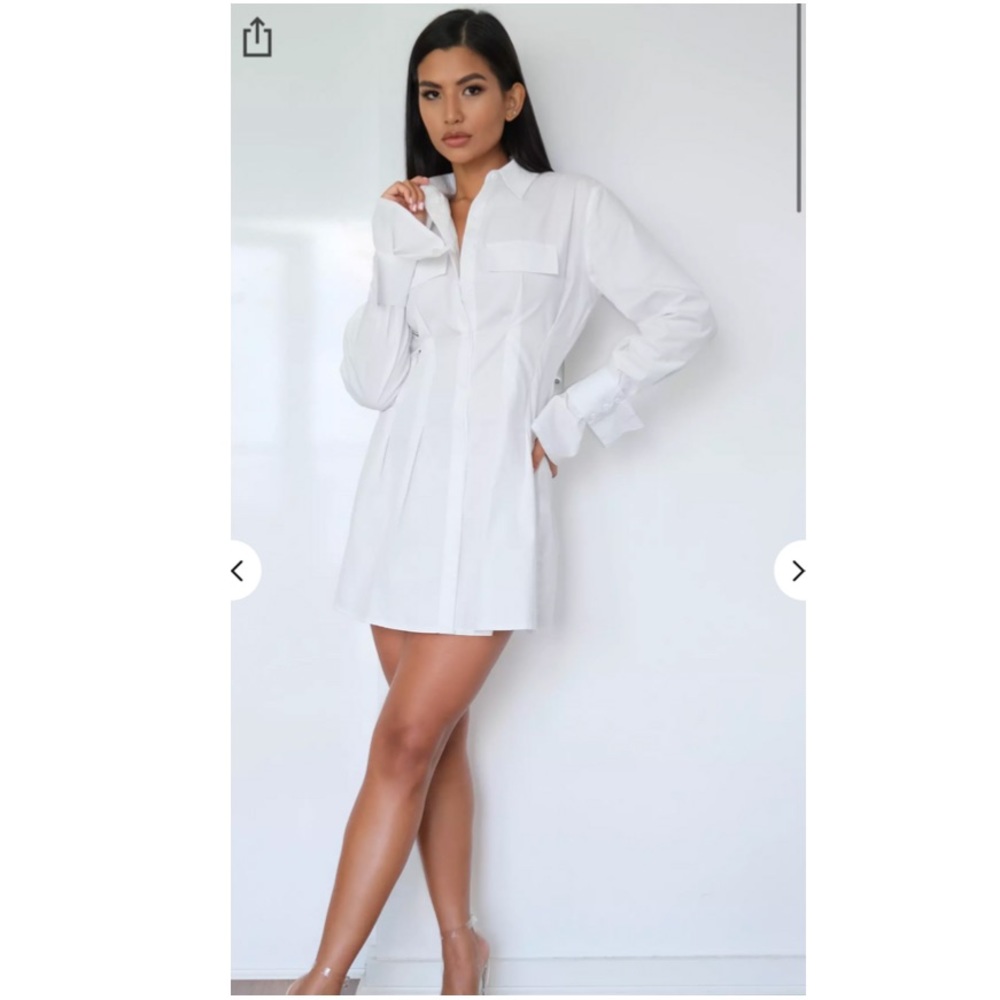 White Utility Pleated Waist Shirt Dress